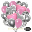 50er Luftballon-Set mit Folienballons, 14 Silber-Konfetti, 15 Metallic-Rosé, 15 Chrome-Silber Luftballons, 3 Herzballons aus Folie Silber und 3 Herzballons aus Folie Hellrosa