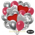50er Luftballon-Set mit Folienballons, 14 Silber-Konfetti, 15 Metallic-Rot, 15 Chrome-Silber Luftballons, 3 Herzballons aus Folie Silber und 3 Herzballons aus Folie Rot