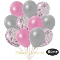 50er Luftballon-Set Metallic, 15 Rosa-Konfetti, 18 Metallic-Rosé und 17 Metallic-Silber Luftballons