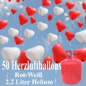 Helium- Einwegbehälter mit 50 Herzballons Hochzeit  ROT/WEISS