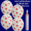 Maxi Ballons Helium Set, 100 weiße Luftballons mit roten Herzen