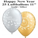 Luftballons Silvester, Motiv: Happy New Year, gold, silber, 25 Stück