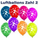Luftballons mit der Zahl 2  zum 2. Geburtstag, bunt gemischt, 30cm, 5 Stück