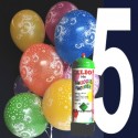 1 Liter Helium-Einwegflasche und 10 Luftballons mit der Zahl 5 zum 5. Geburtstag