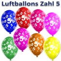 Luftballons mit der Zahl 5  zum 5. Geburtstag, bunt gemischt, 30cm, 5 Stück