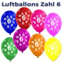 Luftballons mit der Zahl 6  zum 6. Geburtstag, bunt gemischt, 30cm, 5 Stück