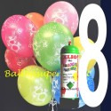1 Liter Helium-Einwegflasche und 10 Luftballons mit der Zahl 8 zum 8. Geburtstag