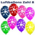 Luftballons mit der Zahl 8  zum 8. Geburtstag, bunt gemischt, 30cm, 5 Stück