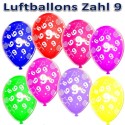 Luftballons mit der Zahl 9  zum 9. Geburtstag, bunt gemischt, 30cm, 5 Stück
