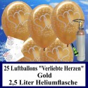 Midi-Set, 25 Hochzeitsluftballons in Gold, Verliebte Herzen, mit Helium