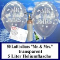 Midi-Set, Luftballons zur Hochzeit , 50 transparente Hochzeitsluftballons, Mr. and Mrs., mit Helium
