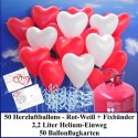 Luftballons zur Hochzeit steigen lassen, Helium- Einwegbehälter mit 50 Herzballons Hochzeit ROT/WEIß und Ballonflugkarten