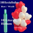 Maxi-Set 1R-W, 100 rote u. weiße Herzluftballons mit Helium