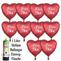 Mini-Set Love, 10 Herzballons aus Folie, I Love You, 1 Liter Helium