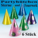 Bunte Partyhütchen mit Sternen und Feuerwerk, 10 cm x 16 cm, 6 Stück