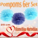 Pompoms in Himmelblau und Marineblau, 25 cm, 6er Set