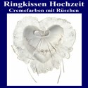 Ringkissen Hochzeit, Creme mit Rüschen und Goldrand