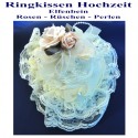 Ringkissen Hochzeit, Elfenbein mit Rosen, Rüschen, Perlen, aufklappbar