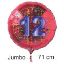 Jumbo Luftballon aus Folie zum 12. Geburtstag, Rot, 71 cm, rund, inklusive Helium