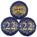 Ballon-Bukett, 3 Luftballons, Satin Navy & Gold 22 Happy Birthday zum 22. Geburtstag, inklusive Helium