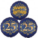 Ballon-Bukett, 3 Luftballons, Satin Navy & Gold 25 Happy Birthday zum 25. Geburtstag, inklusive Helium