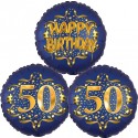 Ballon-Bukett, 3 Luftballons, Satin Navy & Gold 50 Happy Birthday zum 50. Geburtstag, inklusive Helium