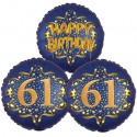 Ballon-Bukett, 3 Luftballons, Satin Navy & Gold 61 Happy Birthday zum 61. Geburtstag, inklusive Helium