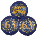 Ballon-Bukett, 3 Luftballons, Satin Navy & Gold 63 Happy Birthday zum 63. Geburtstag, inklusive Helium