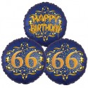 Ballon-Bukett, 3 Luftballons, Satin Navy & Gold 66 Happy Birthday zum 66. Geburtstag, inklusive Helium