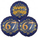 Ballon-Bukett, 3 Luftballons, Satin Navy & Gold 67 Happy Birthday zum 67. Geburtstag, inklusive Helium