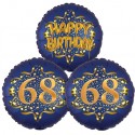 Ballon-Bukett, 3 Luftballons, Satin Navy & Gold 68 Happy Birthday zum 68. Geburtstag, inklusive Helium