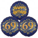 Ballon-Bukett, 3 Luftballons, Satin Navy & Gold 69 Happy Birthday zum 69. Geburtstag, inklusive Helium