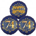 Ballon-Bukett, 3 Luftballons, Satin Navy & Gold 74 Happy Birthday zum 74. Geburtstag, inklusive Helium