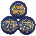 Ballon-Bukett, 3 Luftballons, Satin Navy & Gold 75 Happy Birthday zum 75. Geburtstag, inklusive Helium