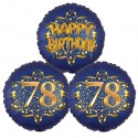 Ballon-Bukett, 3 Luftballons, Satin Navy & Gold 78 Happy Birthday zum 78. Geburtstag, inklusive Helium