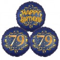 Ballon-Bukett, 3 Luftballons, Satin Navy & Gold 79 Happy Birthday zum 79. Geburtstag, inklusive Helium