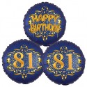 Ballon-Bukett, 3 Luftballons, Satin Navy & Gold 81 Happy Birthday zum 81. Geburtstag, inklusive Helium