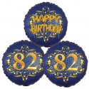 Ballon-Bukett, 3 Luftballons, Satin Navy & Gold 82 Happy Birthday zum 82. Geburtstag, inklusive Helium