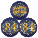 Ballon-Bukett, 3 Luftballons, Satin Navy & Gold 84 Happy Birthday zum 84. Geburtstag, inklusive Helium