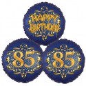 Ballon-Bukett, 3 Luftballons, Satin Navy & Gold 85 Happy Birthday zum 85. Geburtstag, inklusive Helium