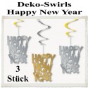 Silvester Dekoration, Deko-Hänger Swirls Happy New Year, Silber-Gold, 3 Stück