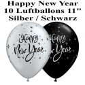Luftballons Silvester, Motiv: Happy New Year, silber/schwarz, 10 Stück