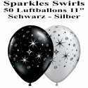 Luftballons Silvester, Motiv: Sparkles - Swirls, silber, schwarz, 50 Stück