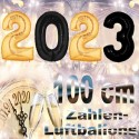 Zahlendekoration Silvester 2023, 1 Meter große Zahlen-Luftballons in Schwarz und Gold