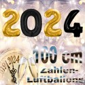 Zahlendekoration Silvester 2024, 1 Meter große Zahlen-Luftballons in Schwarz und Gold