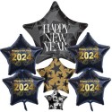 Silvesterdeko Ballon-Bouquet: 1 Cluster-Luftballon Happy New Year und 4 schwarze Sternballons 2024