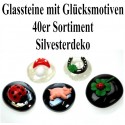 Silvester Dekoration, Glücksbringer-Glassteine mit Glücksmotiven, 40er Set