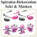 Silvester Dekoration, Deko-Hänger Spiralen, Sekt und Masken, 4 Stück