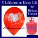 Just Married Luftballons, Glückwünsche - Namen eintragen, 25 Luftballons mit Helium-Einwegflasche
