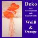 Herzluftballons-Dekoration mit Ringelband und Zierschleife, Orange-Weiß